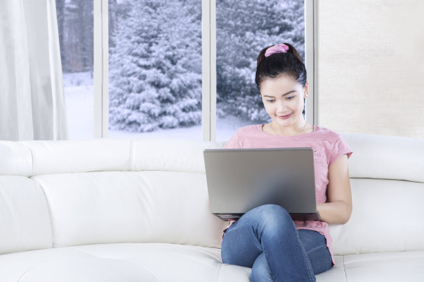 在舒适的沙发上拿着笔记本电脑的女人图片下载