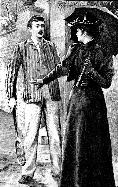 这是一幅19世纪的故事插画，描绘了一位女士在看她旁边拿着网球拍的男子;维多利亚时代的浪漫;1893图片下载