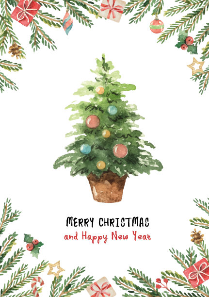 水彩向量贺卡与圣诞树，云杉树枝和礼物。图片下载