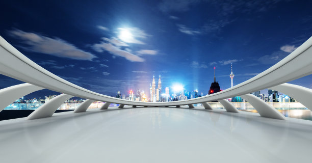 空大理石地板与现代城市的城市景观图片下载