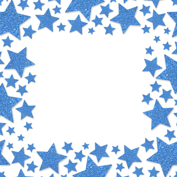 闪亮的蓝色金属星孤立在白色背景的框架。闪光粉边境图片下载