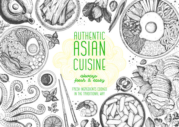 亚洲美食俯视图框架。菜品菜单设计以面条、拉面、虾仁、石锅拌饭、泡菜及海鲜套餐。复古手绘草图矢量插图。图片下载