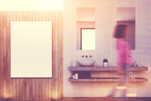 木制浴室，双水槽，海报，女孩图片下载