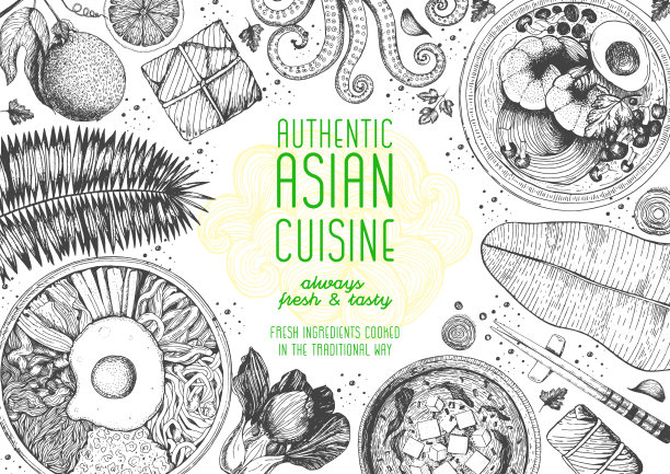 亚洲美食俯视图框架。食物菜单设计有面条，汤味噌，石锅拌饭，虾和水果。南方食品菜单。复古手绘草图矢量插图。图片下载