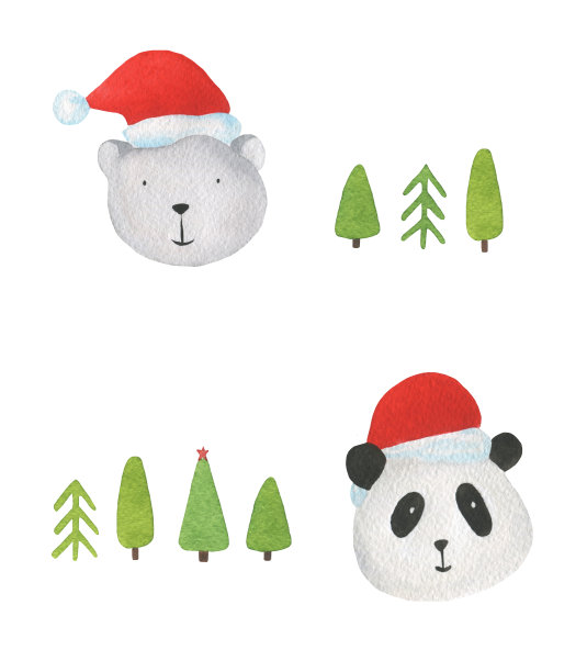 戴圣诞帽的熊猫和熊与绿色树木合集素材图片