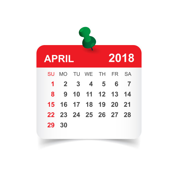 2018年4月日历。日历贴纸设计模板。一周从周日开始。业务矢量插图。图片下载