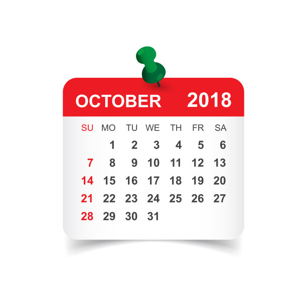 2018年10月日历。日历贴纸设计模板。一周从周日开始。业务矢量插图。图片下载