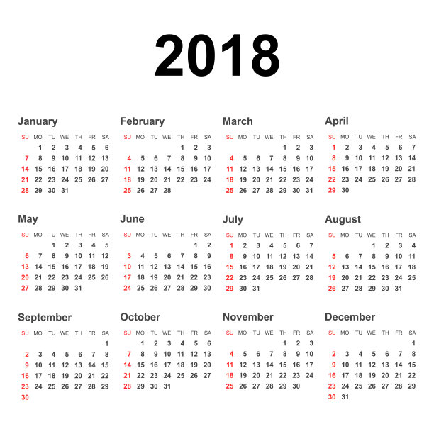 2018年日历风格简约。日历计划设计模板。一周从周日开始。业务矢量插图。图片下载