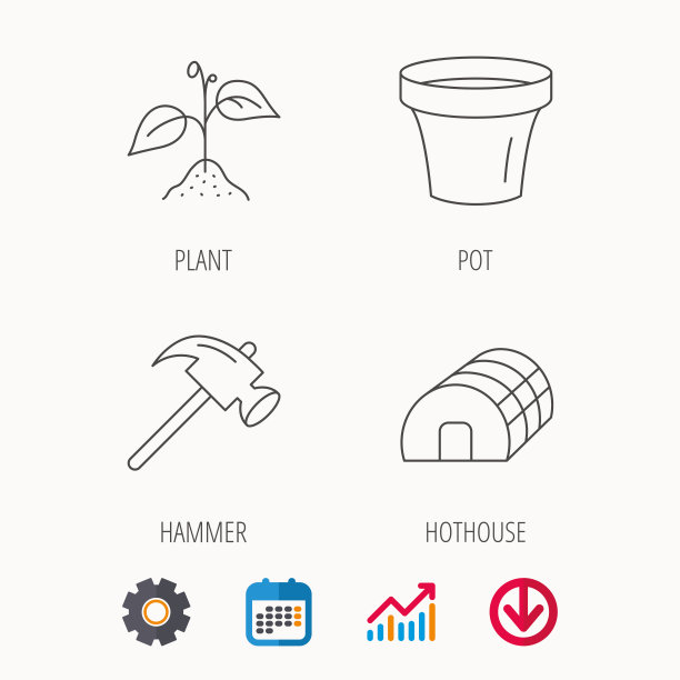 发芽植物，锤子和锅的图标。图片下载