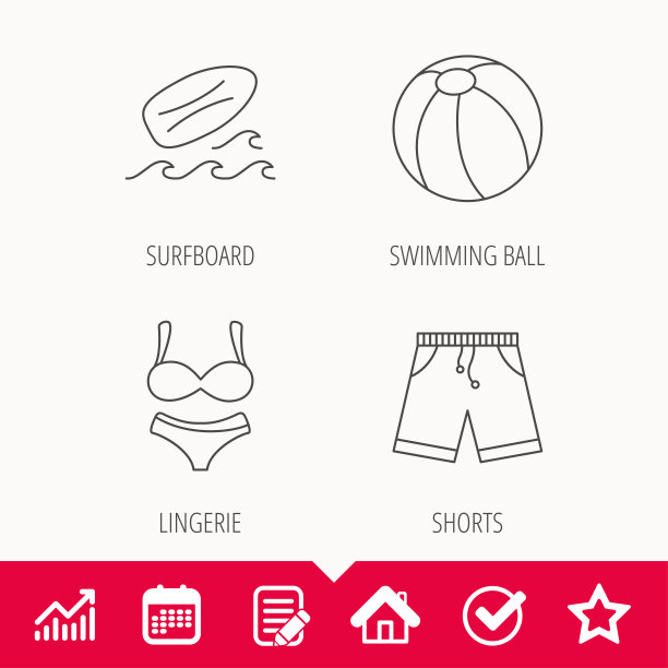 冲浪板，沙滩球和泳裤图标。图片下载