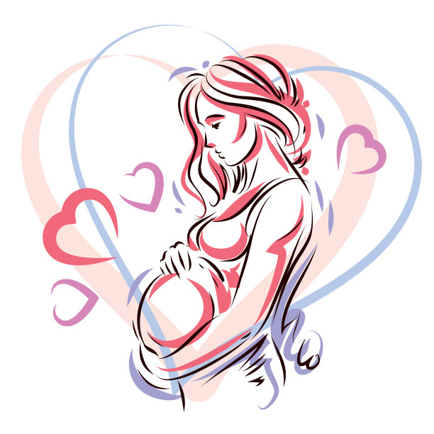 美丽的孕妇身体轮廓被心形框架包围。母亲绘制矢量插图。幸福和关怀的主题。图片下载