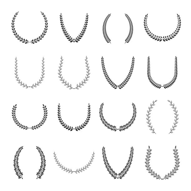 月桂花环花卉纹章元素集。纹章纹章装饰图标孤立矢量插图收集。图片下载