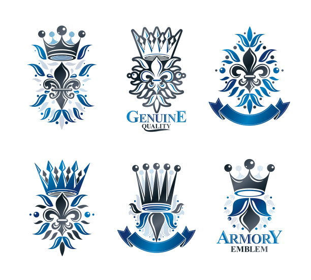 皇家象征百合花、花冠、徽章集。纹章向量设计元素集合。复古风格标签，纹章图标。图片下载