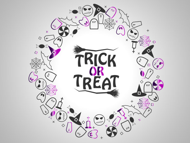 Trick or traet万圣节的紫色和黑色元素的形式的圆圈在银色的背景。矢量插图EPS 10。图片下载