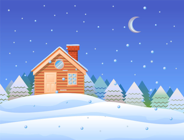 木屋和夜间飘落的雪花矢量图片下载