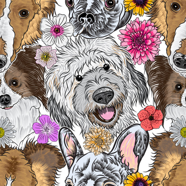 无缝图案纯种可爱人物肖像狗。手绘矢量壁纸表面纹理与小狗拉布拉多犬，牧羊犬，蝴蝶犬，法国斗牛犬。友好的狗无尽的背景。图片下载