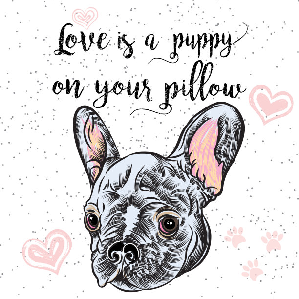 可爱的法国斗牛犬的肖像狗。矢量插图孤立在白色背景与粉红色的心和爱的标志。图片下载