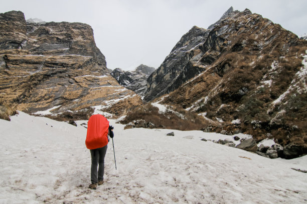 背着背包在山里徒步旅行的男人。天气寒冷，山上有雪。冬季徒步旅行。复古效果风格的图片。图片下载