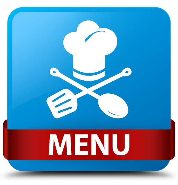 菜单(餐厅图标)青色蓝色方形按钮红色丝带在中间图片下载