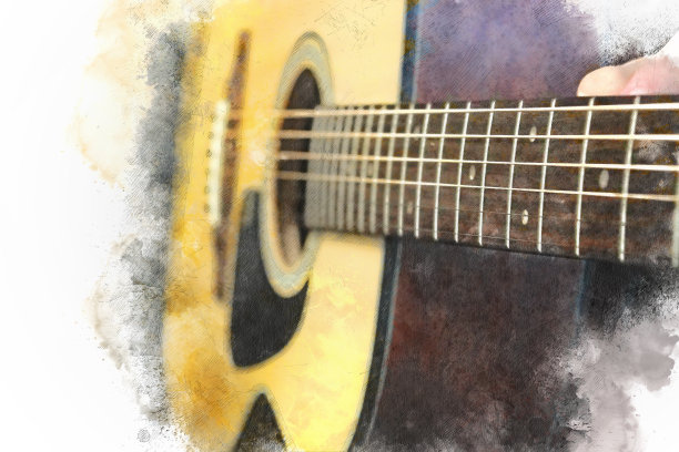 抽象美丽的吉他演奏前景上彩色的水彩画背景和数字插图画笔艺术。图片下载