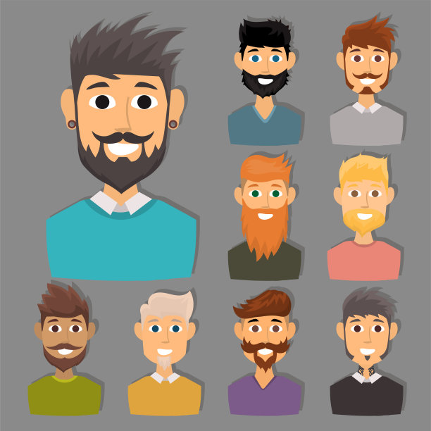 各种表情的络腮胡男子头像，时尚潮人发型，带胡须的头部矢量插画图片下载