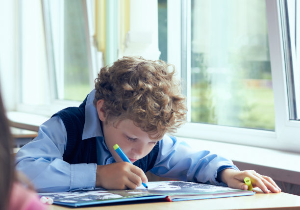 专心做作业的小男孩。图片下载