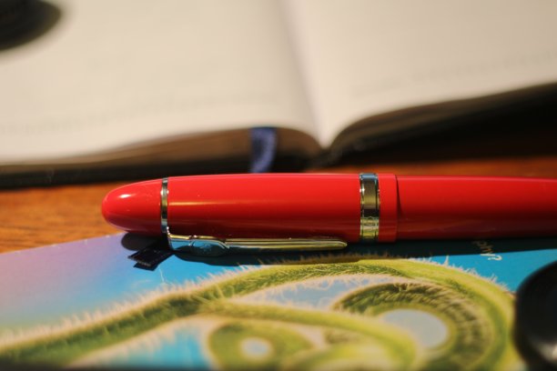 用红色金属笔在绿色曲线植物上工作图片下载