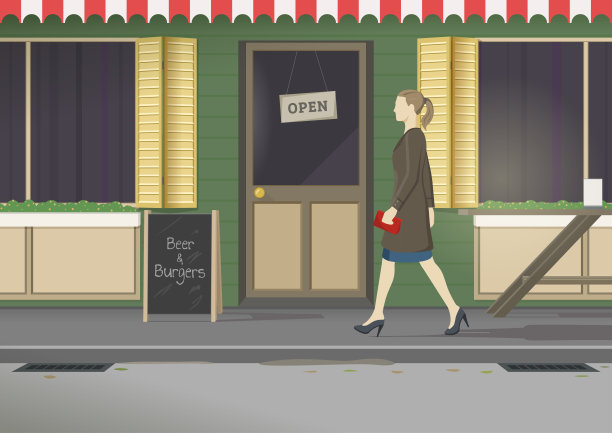 咖啡馆外观。秋天的城市。年轻时尚的女人走在街上。图片下载