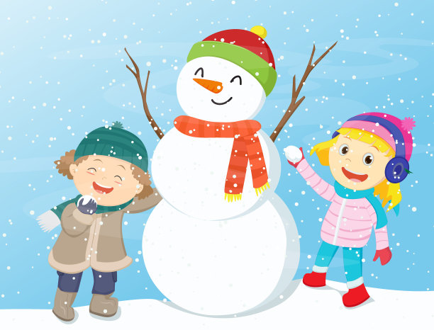快乐的孩子们玩雪人。图片下载