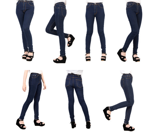 牛仔蓝色牛仔裤棉裤紧身，修长的腿站更长的身体女性，女士，女人，女孩raw时尚与厚底鞋黑色，正面视图孤立的白色背景图片下载