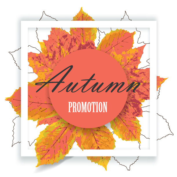 秋季促销横幅设计与折扣标签在五彩缤纷的秋季树叶背景秋季购物促销。矢量插图。图片下载