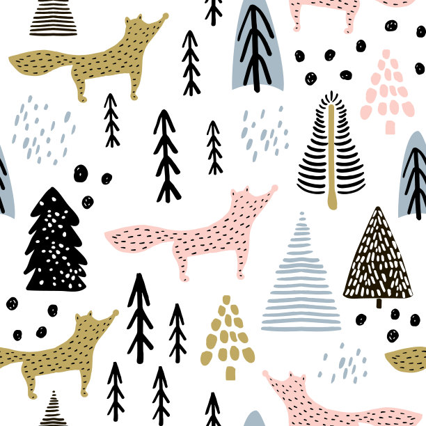 冬季无缝图案，包含狐狸、树木和手绘元素，创意圣诞背景矢量素材图片下载