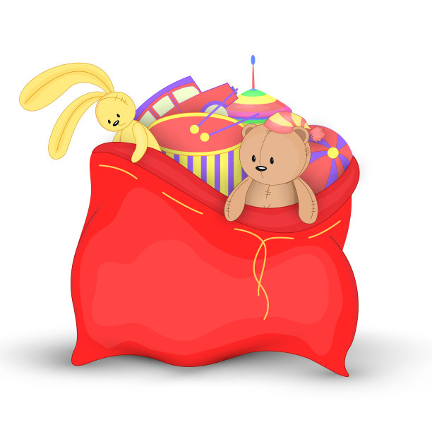 圣诞红袋子里装着礼物和玩具。可爱的圣诞老人的圣诞包。孤立在白色背景上。柔软的玩具泰迪熊。素材图片