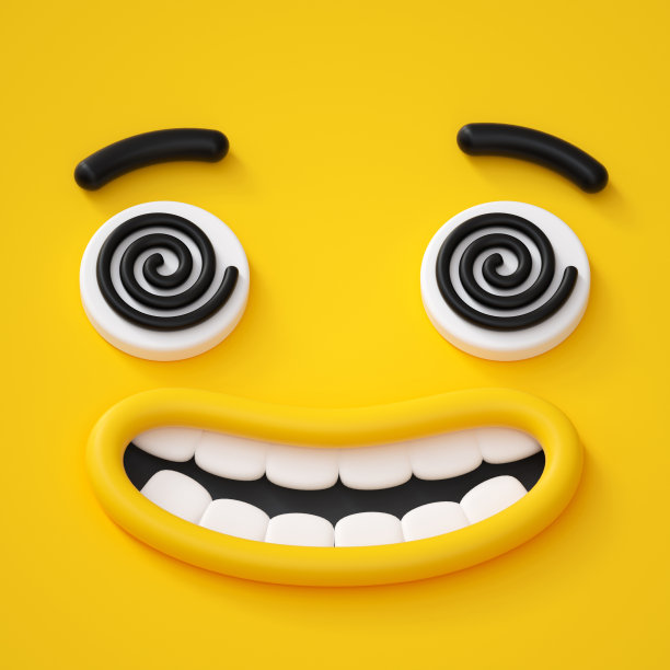 3d渲染，抽象的情感疯狂的脸图标，催眠的眼睛，催眠的人物插图，可爱的卡通怪物，表情符号，表情符号，玩具素材图片