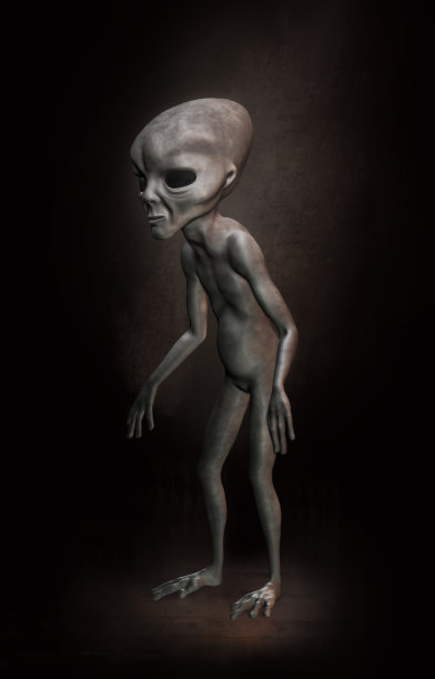 灰色外星人在黑暗的背景。3 d演示。数字艺术。图片下载