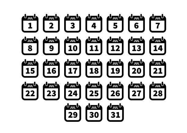 一套简单的黑色日历图标孤立在白色七月图片下载