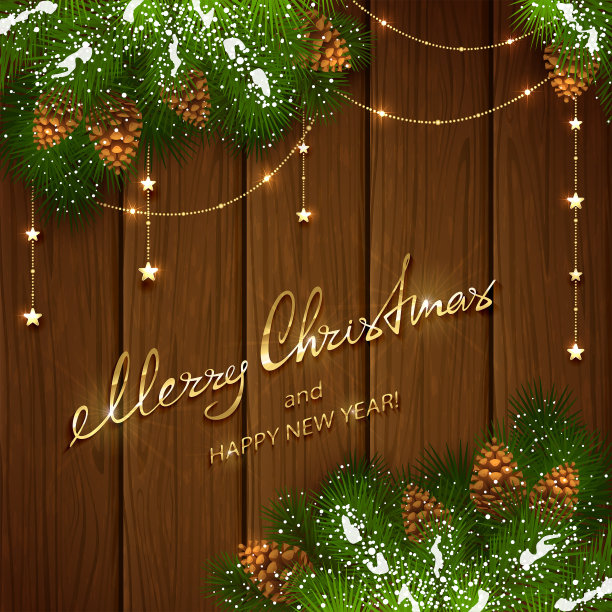 棕色木制背景上金色星星的圣诞装饰图片下载
