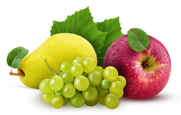 葡萄、黄梨和带叶子的红苹果图片下载