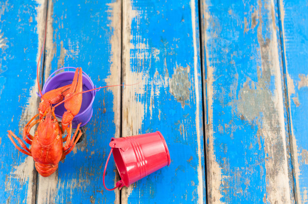 整只红煮小龙虾靠近空的紫色金属桶，旁边是红色的斜桶，放在旧的乡村的蓝色木板上图片下载