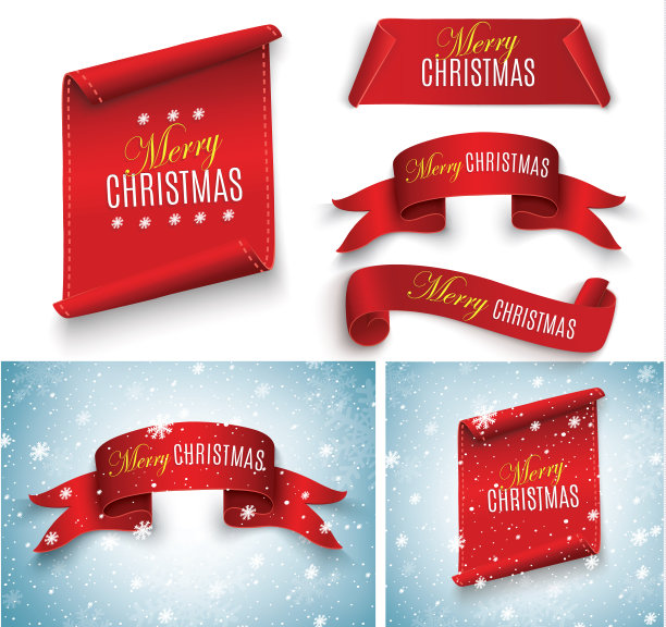 红色现实详细的曲线纸圣诞旗帜孤立在白色的背景。矢量图图片下载