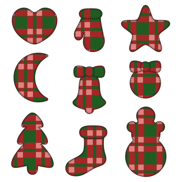 新年的象征毡玩具的织物格子呢。孤立对象的集合。图片下载