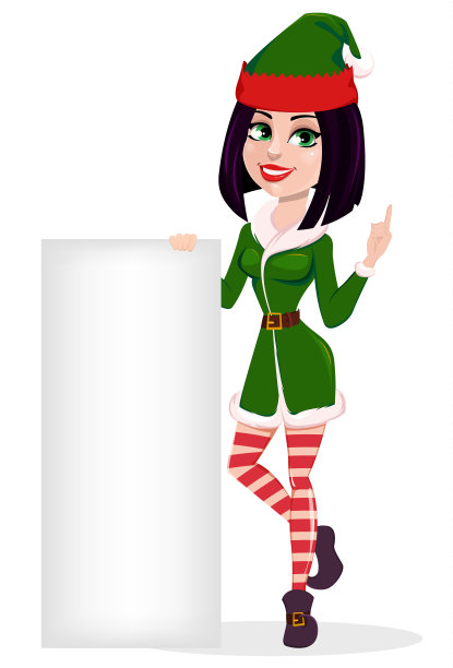 圣诞快乐。精灵女人站在空白的布告旁边图片下载