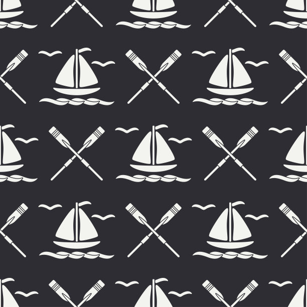 平线单色矢量无缝图案海洋船用帆、桨。卡通的复古风格。赛舟会。海鸥。暑假旅行。游艇。插图和元素为您的设计墙纸。图片下载