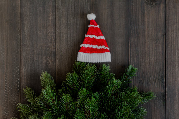 圣诞冷杉树枝和圣诞老人的帽子在黑暗的乡村木制背景与复制空间的文本图片下载