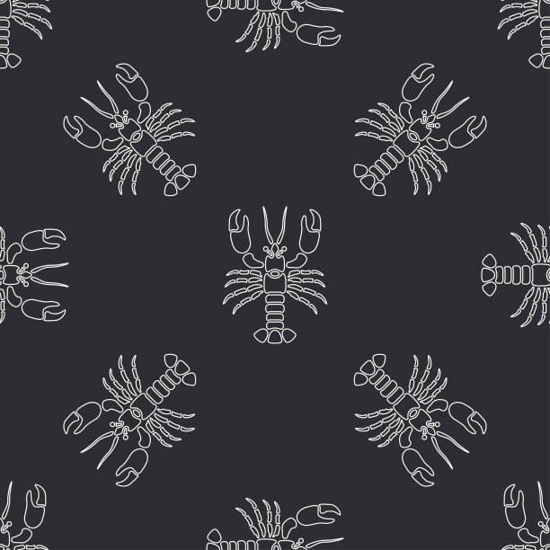 平线矢量无缝模式海洋动物龙虾。简化的复古。卡通风格。癌症。奥马尔。海鲜佳肴。壳。爪。海中。甲壳类动物。插图元素为您的设计和墙纸图片下载