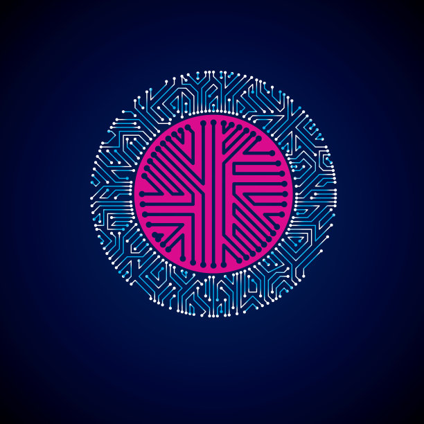 矢量抽象发光技术插图，圆形蓝色霓虹灯电路板。图片下载
