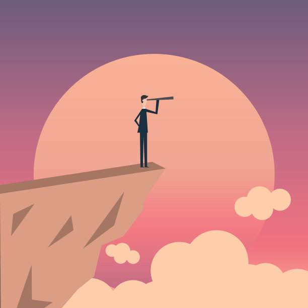 极简主义的阶梯。向量业务融资。成功的愿景理念与图标商人和望远镜，象征领导，战略，使命，目标。图片下载