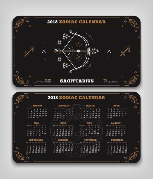 射手座2018年生肖日历口袋大小水平布局双面黑色设计风格矢量概念插图图片下载