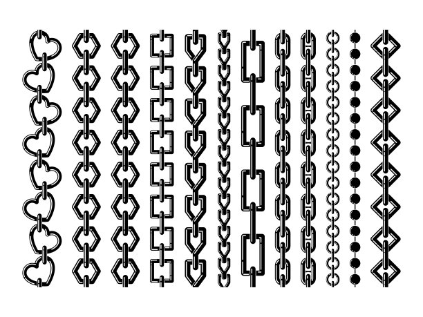 不同钢链的轮廓孤立在白色上。矢量单色无缝集素材图片