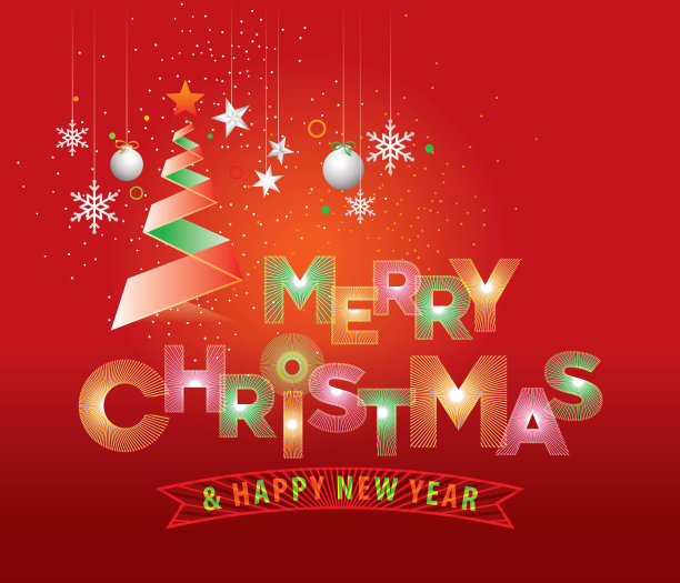 圣诞快乐和新年快乐排版和圣诞树矢量在红色的背景图片下载